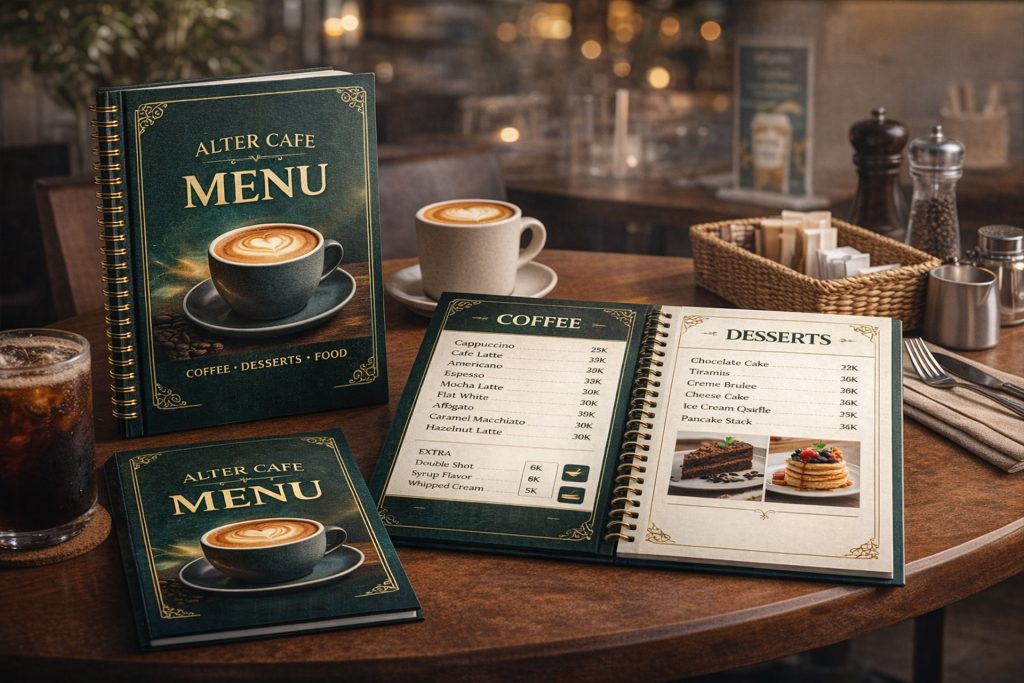Buku Menu Cafe Custom – Desain Stylish & Mudah Dibersihkan